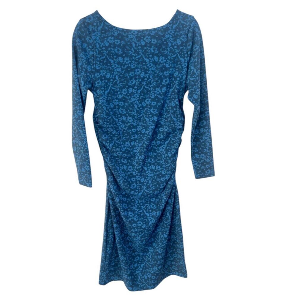 J Peterman Secret Keeper Midi Dress Blue Floral Ruched Sides Long Slv Midi Sz 8 - Picture 2 of 5